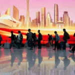 Pasajeros pasan junto a un mural en la sala de llegadas del Aeropuerto Internacional de Guangzhou Baiyun en Guangzhou, provincia de Guangdong, sur de China, el 23 de febrero de 2026