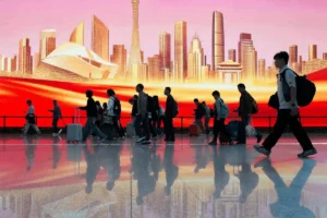 Lee más sobre el artículo Pasajeros pasan junto a un mural en la sala de llegadas del Aeropuerto Internacional de Guangzhou Baiyun en Guangzhou, provincia de Guangdong, sur de China, el 23 de febrero de 2026